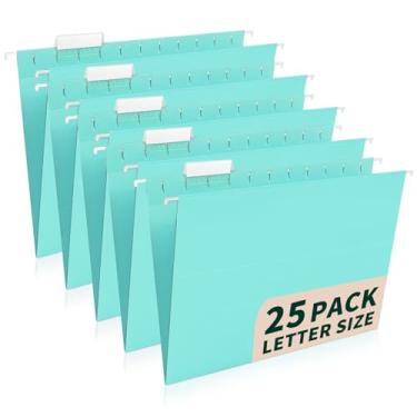 Imagem de Pacote com 25 pastas de arquivo suspensas, tamanho carta, inclui 35 cartões de etiqueta transparente e 50 etiquetas adesivas, abas cortadas em 1/5 para organização de casa e escritório (25, Aqua)