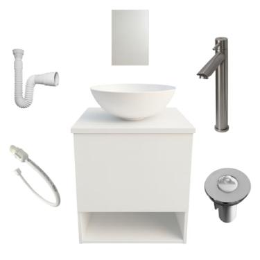 Imagem de Gabinete Banheiro Armario Suspenso Cuba Sobrepor Espelho Torneira Valvula Engate Sifao Completo