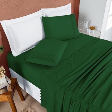 Imagem de Jogo de Lençol 4 Peças King/Queen Size/Casal Padrão/Solteiro 200 Fios Com Lese Bordado Inglês(Verde Escuro,Super King 4 Peças)