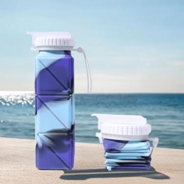 Imagem de Garrafa de água dobrável com anel anticolapso à prova de vazamento garrafa de silicone dobrável para viagens, acampamento, caminhada, corrida, esporte (azul roxo)