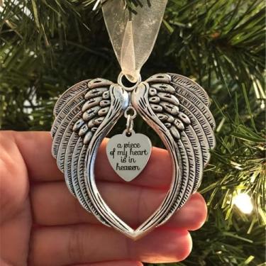 Imagem de Enfeite de Natal de coração de asas de anjo, lembrança memorial com citação inspiradora para decoração de árvore de Natal