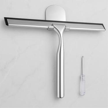 Imagem de Rodo de aço inoxidável com lâmina - limpador de vidro com alça de liga para banheiro, hotel e limpeza de janelas domésticas, portas de chuveiro, espelhos (inclui ganchos/chave de fenda)