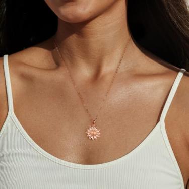 Imagem de Colar feminino banhado a ouro rosa – pingente de girassol com pedras de zircônia cúbica, hipoalergênico personalizado, não mancha, joias modernas de presente de aniversário de Natal., 17", Latão, Sem