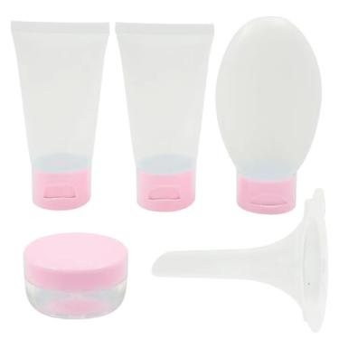 Imagem de Kit Conjunto Viagem 5 Peças ROSA Frascos Potes Antivazamento Recarregáveis Necessaire Transparente Funil Bagagem de Mão