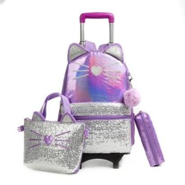 Imagem de Mochila Menina de Rodinha Kit Estojo e Lancheira termica-Unissex