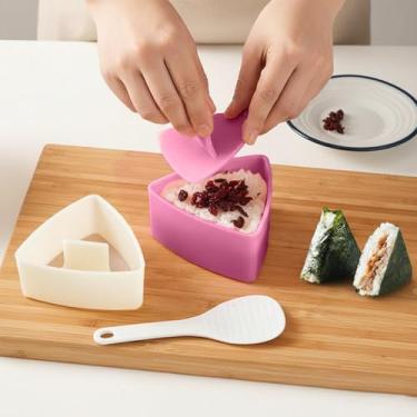 Imagem de Conjunto de moldes de bola de arroz triangular com máquina de colher de arroz para cozinha doméstica esposa mãe amantes almoço festa lanche 3 peças (multicolorido)