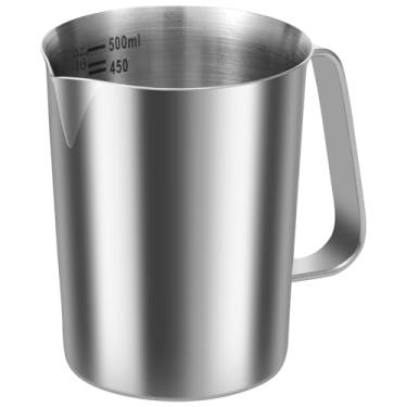 Imagem de Copo medidor de café de aço inoxidável 500/1000 ml, jarro de espuma de leite, jarro de barista com alça à prova de ferrugem, copo graduado de metal com marcação clara para restaurante doméstico (500