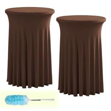 Imagem de Conjunto de 2 peças de toalha de mesa redonda de elastano de 109 x 81 cm, com capa elástica estilo saia ondulada natural, adequada para bar, casamento e festa (marrom)