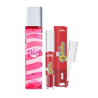 Imagem de Kit Gloss Labial Cereja Hot Flowers Vibra e Gela Aroma Delicioso e Body Splash Blow Morango com Creme