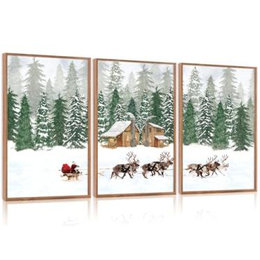 Imagem de CHDITB Arte de parede em tela emoldurada de trenó de rena do Papai Noel (41 x 61 cm), 3 painéis de impressão de arte de Natal e inverno, presente rústico grande de Natal, cena de neve, paisagem