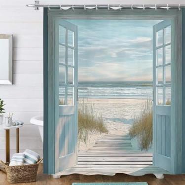 Imagem de Hjokiupt Cortina de chuveiro azul para porta de celeiro de praia, rústico, paisagem, litoral, litoral, litoral, decoração, cortinas de banho, retrô, de madeira azul-petróleo, à prova d'água, conjunto