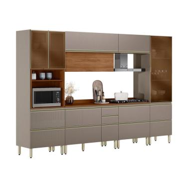 Imagem de Armário de Cozinha Compacta com 3 Vidros Reflecta Proença 8 Portas 9 Gavetas Nude e Nogueira