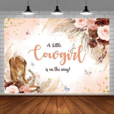 Imagem de Boho Cowgirl Pano de fundo para chá de bebê 2,1 x 1,5 m Tecido de poliéster A Little Cowgirl is on The Way Pano de fundo revelador de gênero para decoração de festa adereços de cabine de fotos