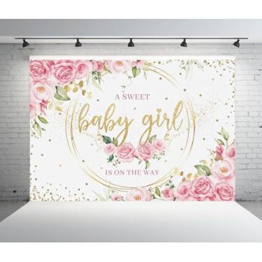 Imagem de Pano de fundo floral rosa para chá de bebê, 2,1 x 1,5 m, pano de fundo A Sweet Baby Girl está a caminho para decoração de festa de revelação de gênero é uma menina, adereços de cabine de fotos