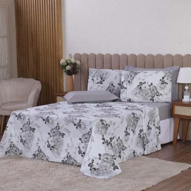 Imagem de Jogo De Lençol Beatriz Solteiro 3 Peças Percal 180 Fios 100% Algodão Ponto Palito - Cinza Floral