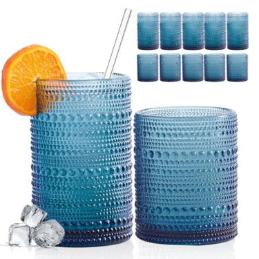 Imagem de FULGNU Hobnail Copos para beber com canudos, 425 g e 340 g Conjunto de 12 copos de vidro vintage Blue Hobnail em relevo, copos de água vintage para coquetéis, uísque, cerveja e suco