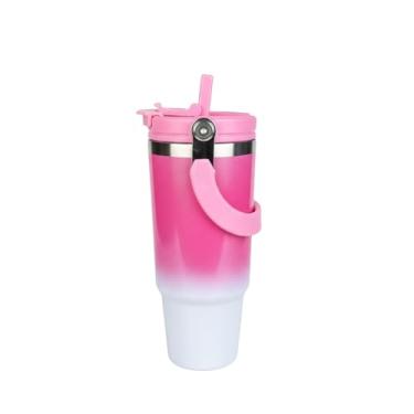 Imagem de Copo Térmico com Canudo Tampa e Alça 900ml, Cops Garrafas Termico para viagem vácuo dupla camada aço inoxidável, Caneca Termica Cafe Água Chá,Presente, Fitness Barganha Mix (p2002Rosa)