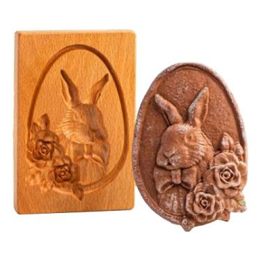 Imagem de Molde de biscoito de madeira tradicional, design artesanal de coelho de madeira de faia com padrão rosa, prensa decorativa para assar