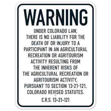 Imagem de Warning Under Colorado Law There Is No Liability For The Death Or Lesion To A Participant In An Agricultural Sign No. 8278 Metal Tin Sign 30 x 40 cm – Aviso claro para uso doméstico e comercial