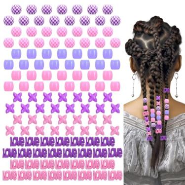Imagem de Heclia 120 contas de cabelo para tranças e dreadlocks, contas de pônei de acrílico rosa roxo para acessórios Loc Dreadlock, joias de cabelo trançadas multiformas para mulheres, acessórios de cabeça