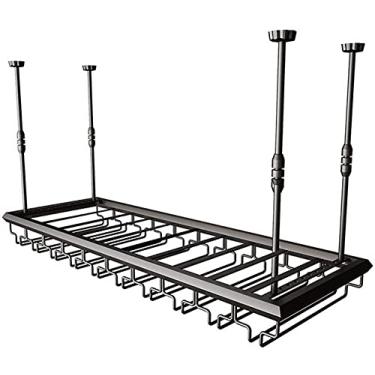 Imagem de Rack de vinho suspenso no teto altura ajustável metal estável flutuante garrafa de vinho e suporte de vidro balcão de bar taça flutuante rack de copos preto (tamanho: 120 × 30 cm)