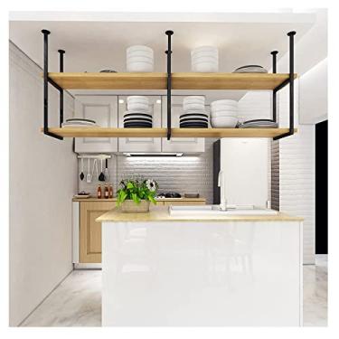 Imagem de Prateleira suspensa de decoração de teto, rack de armazenamento industrial de 2 camadas, rack de vinho, armário suspenso de ferro forjado cabide de sala de jantar (tamanho: 100 x 30 x 80 cm)