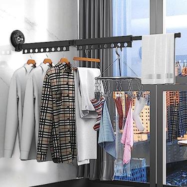 Imagem de EESCZVGBDX Suporte para roupas montado na parede, suporte extensível para secadora de roupas, escorredor de ventosa preto, economia de espaço portátil dobrável, rack de secagem de roupa com barra de