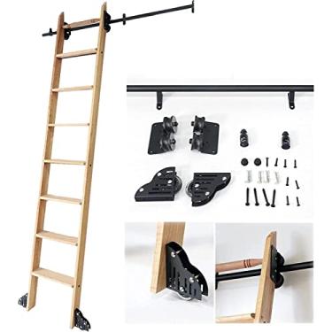 Imagem de Kit de porta de celeiro deslizante de 1 a 6 m biblioteca de escada deslizante conjunto completo de trilhos de rolamento (sem escada), trilho de escada rolante de tubo redondo de aço com rodízios de