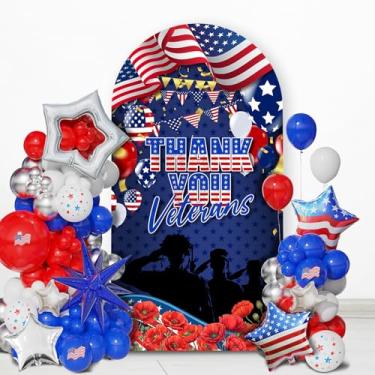 Imagem de Conjunto de 2,5 m de capa de arco do Dia do Patriota "Thank You Veterans", pano de fundo patriótico do Dia dos Veteranos para cumprimentar heróis do exército militar, estampa azul e vermelha