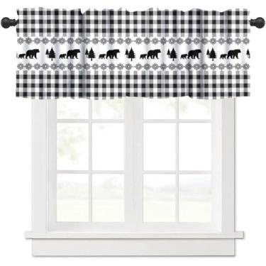 Imagem de Cortinas de saia rústica preto e branco Buffalo Check Wildlife Woodland Tree Black Silhouette Abstract Art Rod Pocket Curtain Valance para decoração de cozinha, quarto, sala de estar, 1 painel L 137 x