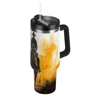 Imagem de Blueangle Copo caubói americano de 850 g com alça e tampa de palha, caneca de viagem de aço inoxidável isolada a vácuo de parede dupla, garrafa de água reutilizável para academia de escritório ao ar