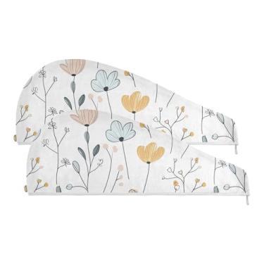 Imagem de SEHANY Toalha de cabelo de microfibra de flores coloridas elegantes para mulheres, 2 peças, turbantes de cabelo de secagem rápida com botão, touca de cabelo seco absorvente toalha de secagem de cabelo