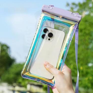 Imagem de Bolsa de telefone impermeável colorida doce - Capa de telefone flutuante à prova d'água com cordão horizontal - compatível com todos os dispositivos, compatível com tela sensível ao toque - roxa