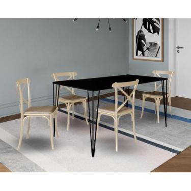 Imagem de Conjunto de Mesa Elen Retangular Tampo de Madeira 150x90cm Preto com 4