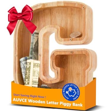 Imagem de Cofrinho de madeira para crianças, cofrinho inicial para meninos e meninas, primeiro nome personalizado cofrinho para aniversário meninos meninas presente cofrinho para crianças (madeira, S9-G)