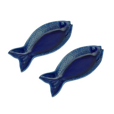 Imagem de Cj 2 Travessas de Cerâmica C/Formato Peixe Ocean Azul 28x13cm Bon Gourmet