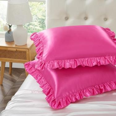 Imagem de Eychei Conjunto de 2 fronhas de travesseiro rosa choque com babados, 45,7 x 45,7 cm, fronhas de cetim para cabelo e pele, fronha de seda com fecho de envelope, fronha com babados antirrugas para sofá