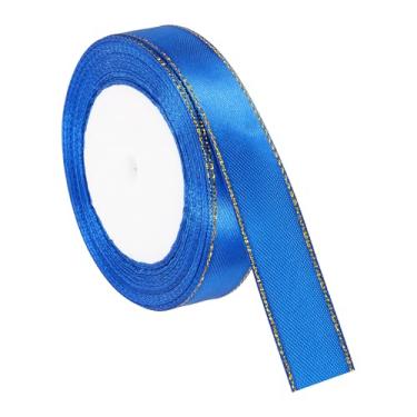 Imagem de PATIKIL Fita de cetim com borda dourada, dupla face de poliéster para embrulho de presente, buquês de flores, laços de cabelo, projetos de costura, azul cobalto