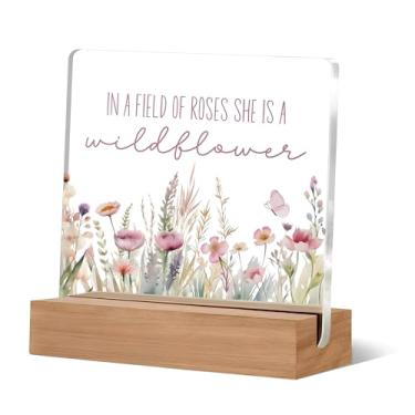 Imagem de Lacosu Decoração De Mesa Inspiradora, Placa Acrílico "Ela É Uma Flor Silvestre" Em Um Campo Rosas, Presentes Motivacionais Para Berçário
