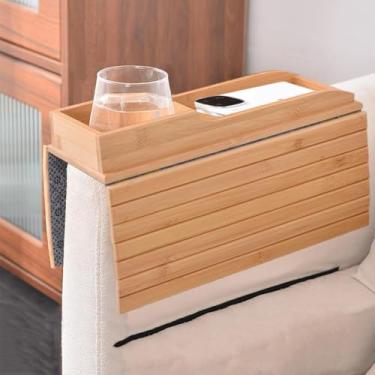 Imagem de Suporte de copo de sofá de bambu para bebida e lanche, bandeja de braço de sofá dobrável antiderrapante, bandeja de apoio de braço para sofá, para bebidas, celular, TV, lanches remotos (B)