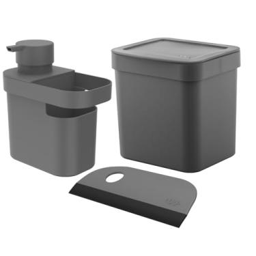 Imagem de Kit Organizador de Pia 3 peças Chumbo Dispenser de Detergente Rodinho de Pia Lixeira 2,5 Litros Organizadores de Pia OU Lixeira com Esconde Saco Rodo Compacto e Dispenser de Sabão Líquido