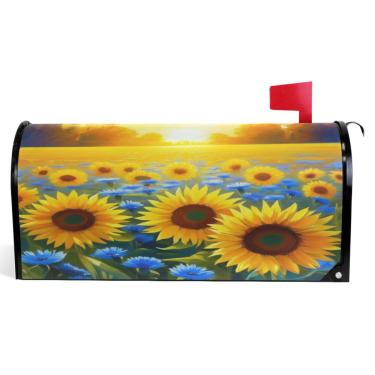 Imagem de TSENQUE Capas magnéticas decorativas para caixa de correio de outono envoltório de vinil amarelo vibrante girassol floral casa de fazenda decoração de caixa de correio para exterior tamanho padrão