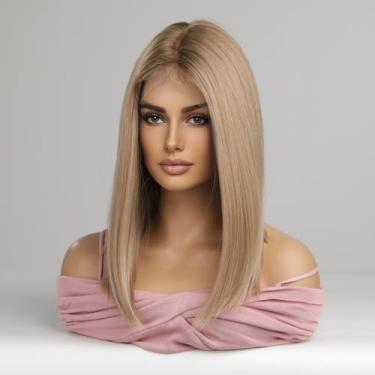 Imagem de Perucas loiras de 18 polegadas para mulheres cabelo liso comprimento ombro com laço frontal 13x6 sintéticas térmicas aparência natural Capa renda crochê manual respirável Fácil estilizar Peruca rede