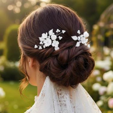 Imagem de Fstrend Alfinetes de cabelo para casamento, grampos de cabelo feitos à mão com folhas de flores, elegantes acessórios de cabeça brancos prateados para noivas e mulheres