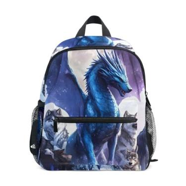 Imagem de GAIGEO Dragon Wolves Animal Prints Backpack for Baby with Whistle, 2 Bottle Pockets, Lightweight, Kindergarten Backpack 10x4x12 In, for Ages 3-8