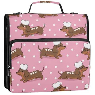 Imagem de 3 fichários de 3,8 cm anel D fofo de desenho animado dachshunds rosa organizador de fichários escolares bolsa com alça de ombro carteira de trabalho comporta 500 lençóis, 34,5 x 31,5 x 9 cm