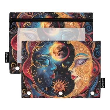 Imagem de Bolsa de lápis para meninos com 3 anéis, fichário com zíper, bolsa para lápis, caneta, escola, fichários, bolsos, boêmio, colorido, lua, sol, 25 x 18 cm, 2 pacotes