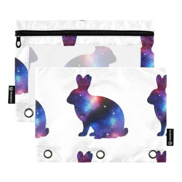 Imagem de Fichário para meninas, 3 anéis, bolsa de lápis, fichário com zíper, estojo para lápis, fichários escolares de tecido, bolsos transparentes, silhuetas, coelhos, branco, 25 x 18 cm, 2 pacotes