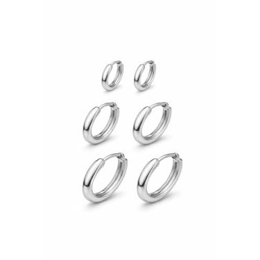 Imagem de AURUM SEMIJOIAS Kit com 3 Pares de Brincos de Argolas Lisas Prateadas, 3 Furos, 3 Tamanhos Folheados a Prata, Fecho Tipo Click Pequeno, Médio e Grande, Feminino, Moda Casual e Formal, Leves e Elegantes