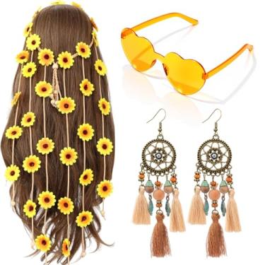 Imagem de Hinly Conjunto de fantasia hippie girassol tiara brincos óculos de sol anos 60 anos 70 trajes boêmios estilo para mulheres meninas Groovy Party Birthday Supplies Disco Carnaval Decorações de festa